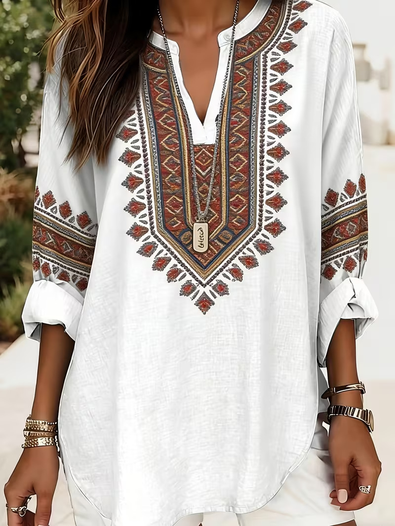 Bohemian Print V-Neck Long Sleeve Women's Top