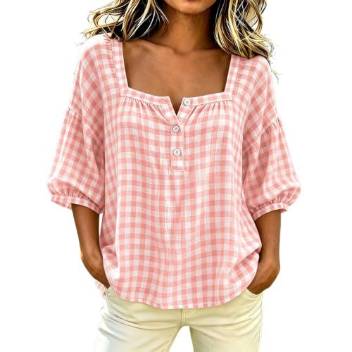 Women's Floral Plaid Print Half-Sleeve Blouse
