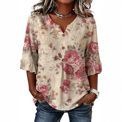 Women's Floral Print Short Sleeve Button-Up Casual Shirt