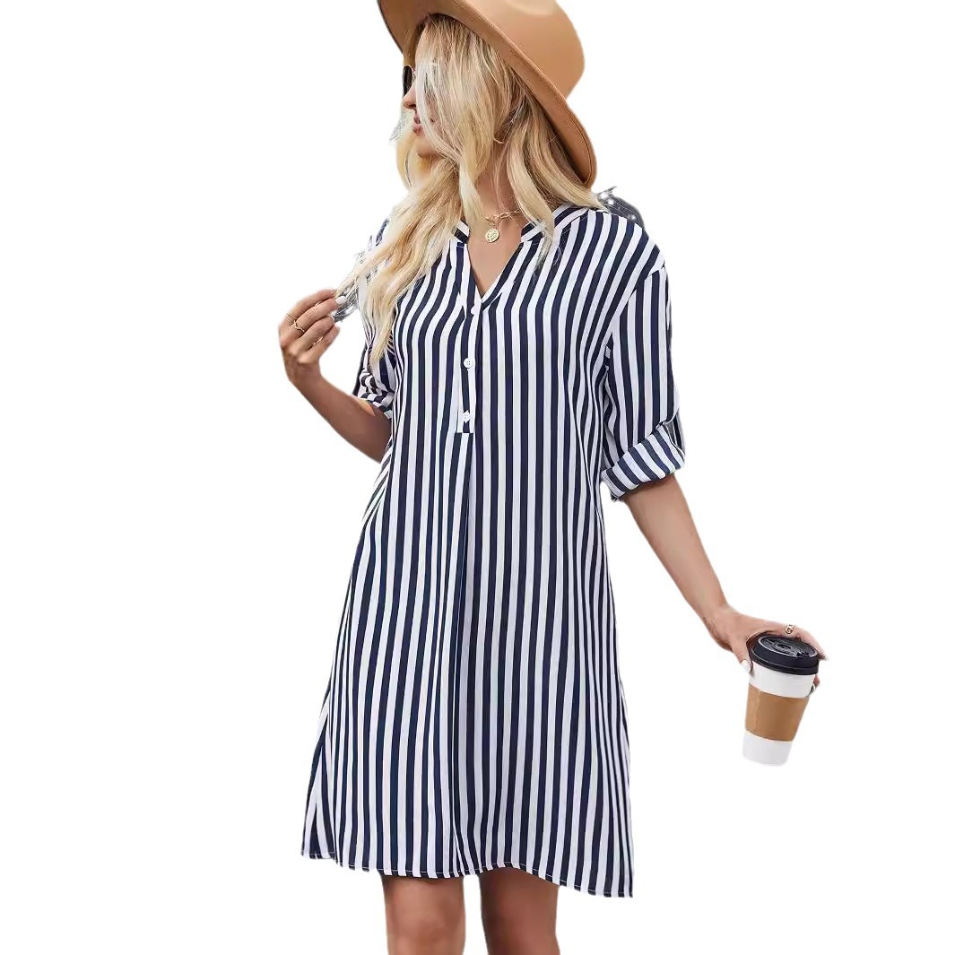 Striped Long Sleeve V-Neck Shirt Dress