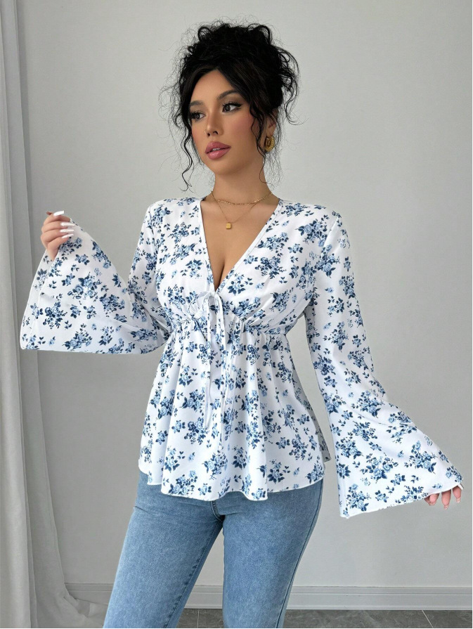 High-Waist Floral Print Blouse for Women Sweet Long-Sleeve V-Neck Top