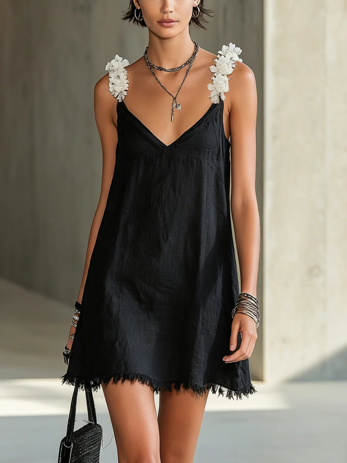 French V-Neck Cami Little Black Dress with 3D White Floral Trim A-Line