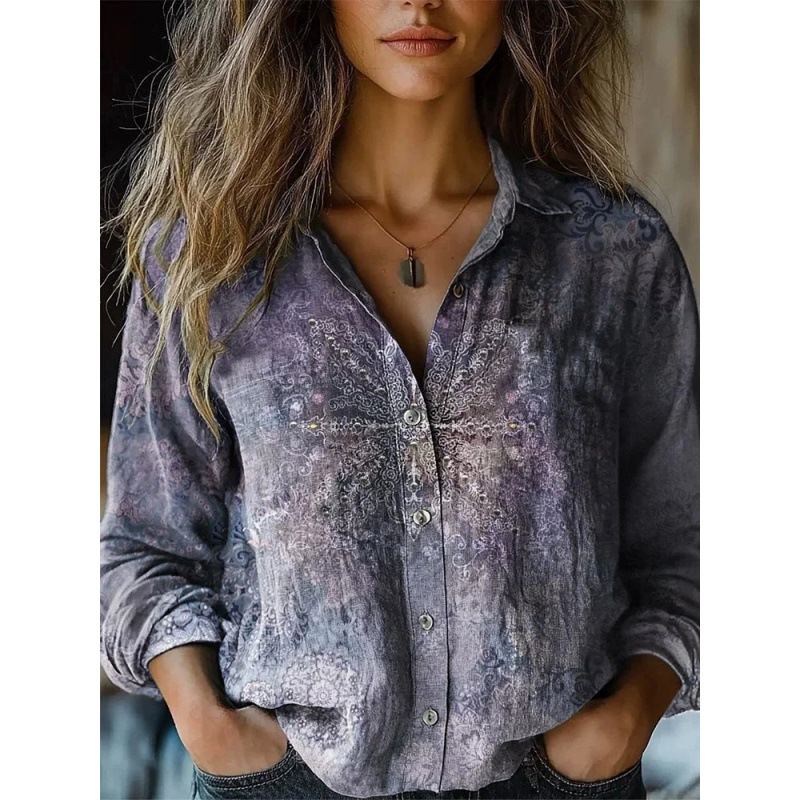 3D Print Linen-Blend Button-Front Shirt