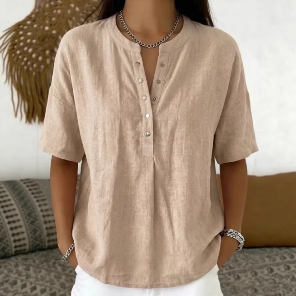 Women's Solid Color Loose Pullover Short Sleeve Button Shirt with Stand Collar