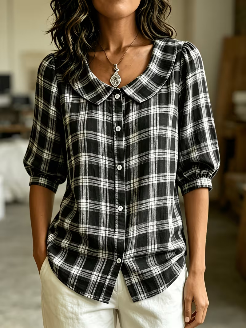 Women's Printed Half-Sleeve Button-Up Collared Blouse