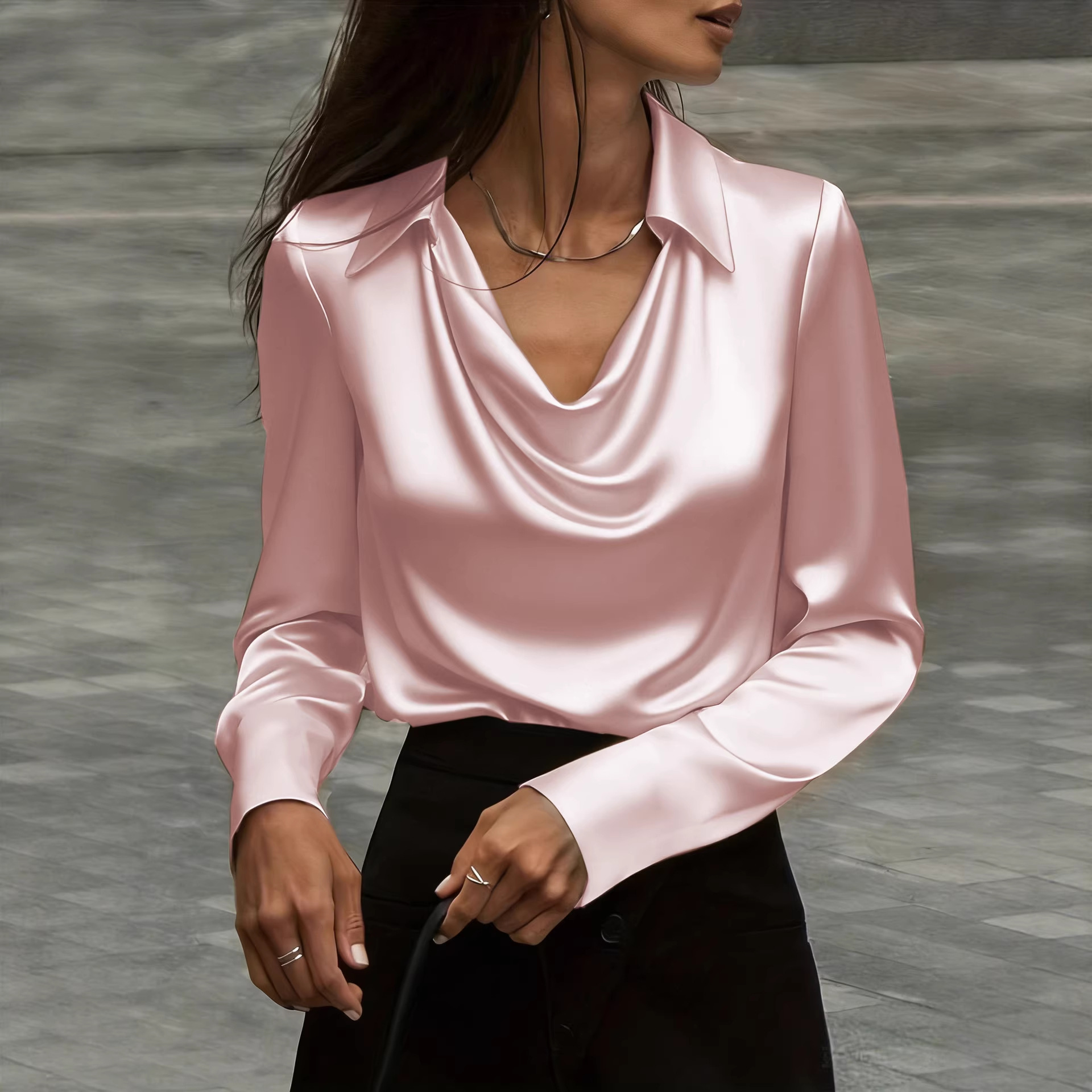 Women's Solid Color Draped Neck Blouse Elegant Long Sleeve Top