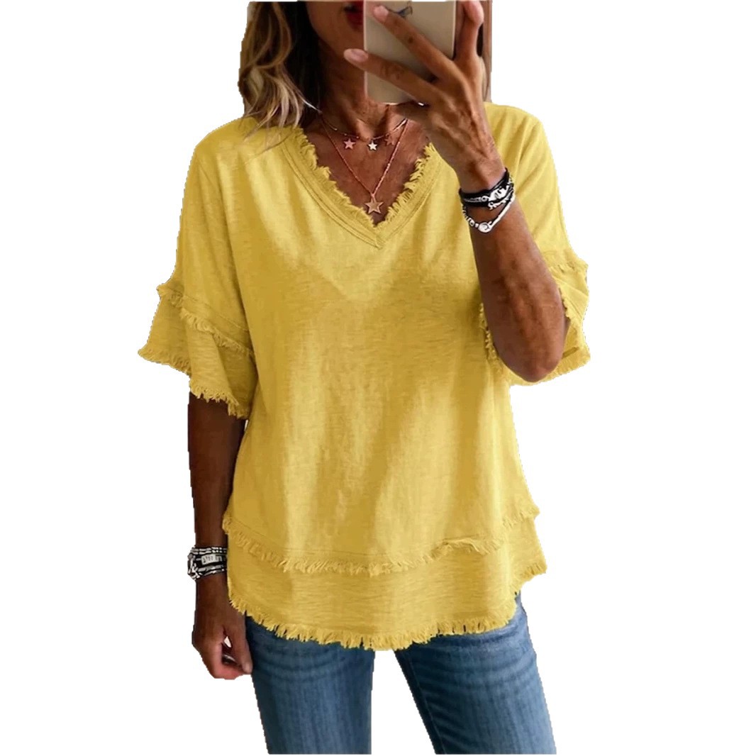 Women's Loose V-Neck Fringe Short-Sleeve Solid Casual Top