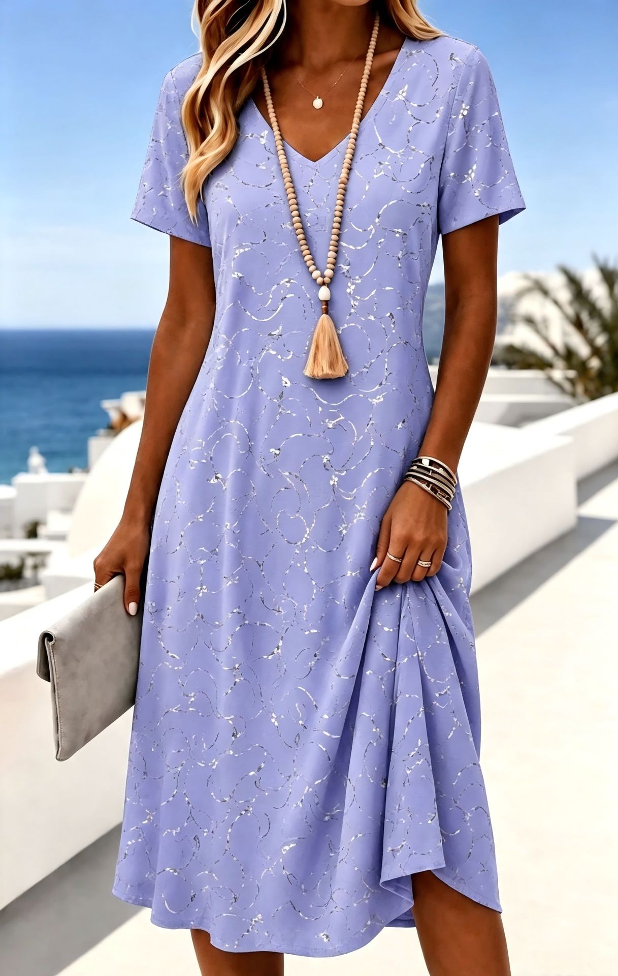 Women's Floral Print Casual Midi Dress Short Sleeve Deep V-Neck Slim Fit