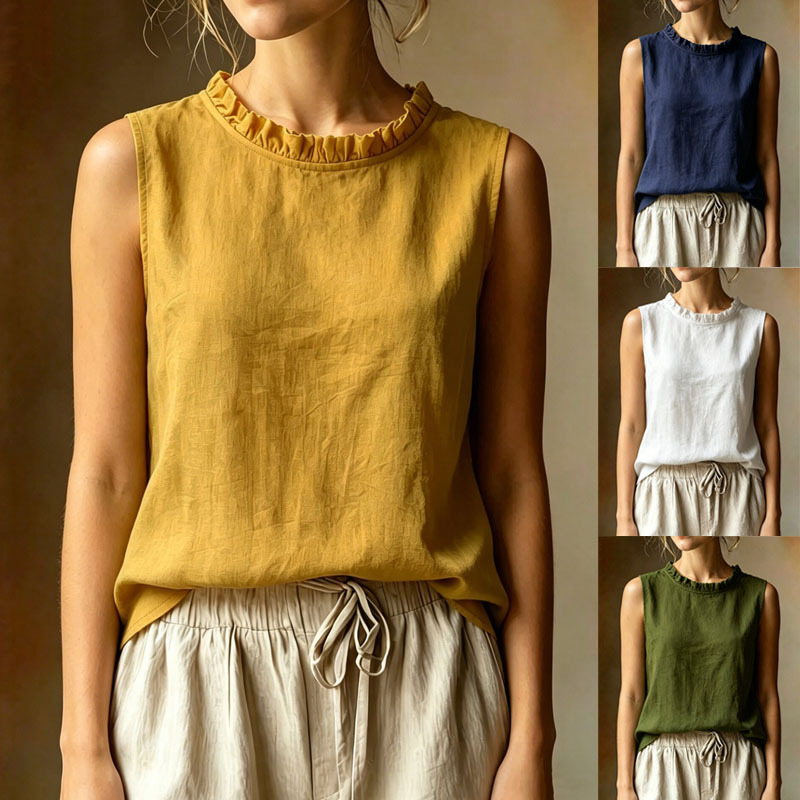 Women's Ruffle Trim Round Neck Sleeveless Tank Top Loose Solid Color