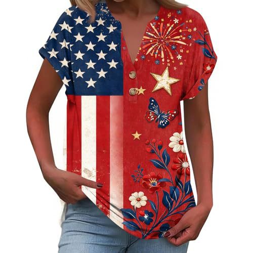 Women's Summer American Flag Print V-Neck Short Sleeve Button T-Shirt