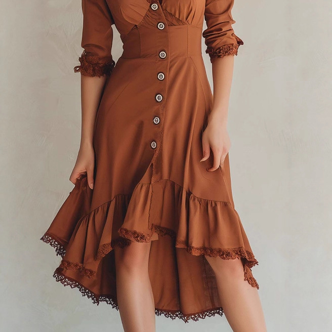 Vintage Court Style Lace Trim Ruffle Midi Dress