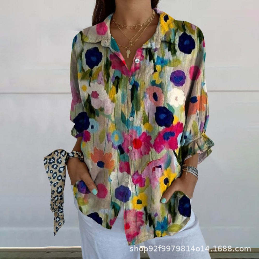 Women's Floral Green Leaf Print Long Sleeve Blouse