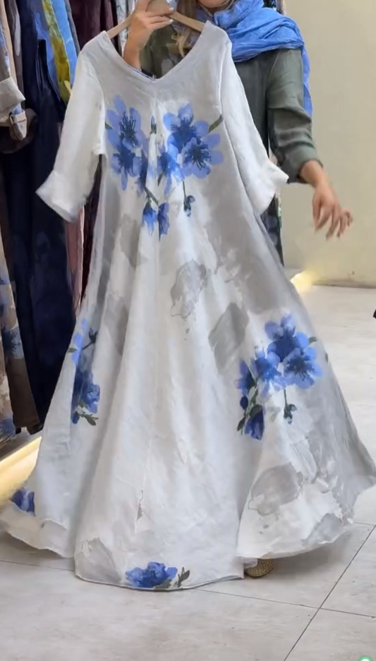 V-Neck Digital Print Short Sleeve A-Line Dress