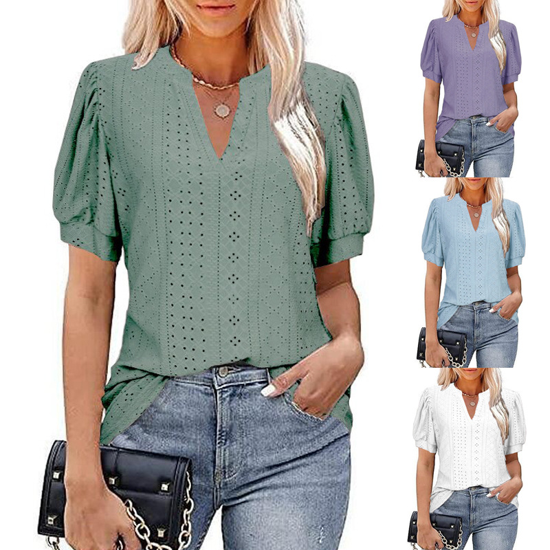 Women's V-Neck Hollow-Out Puff Sleeve Loose T-Shirt