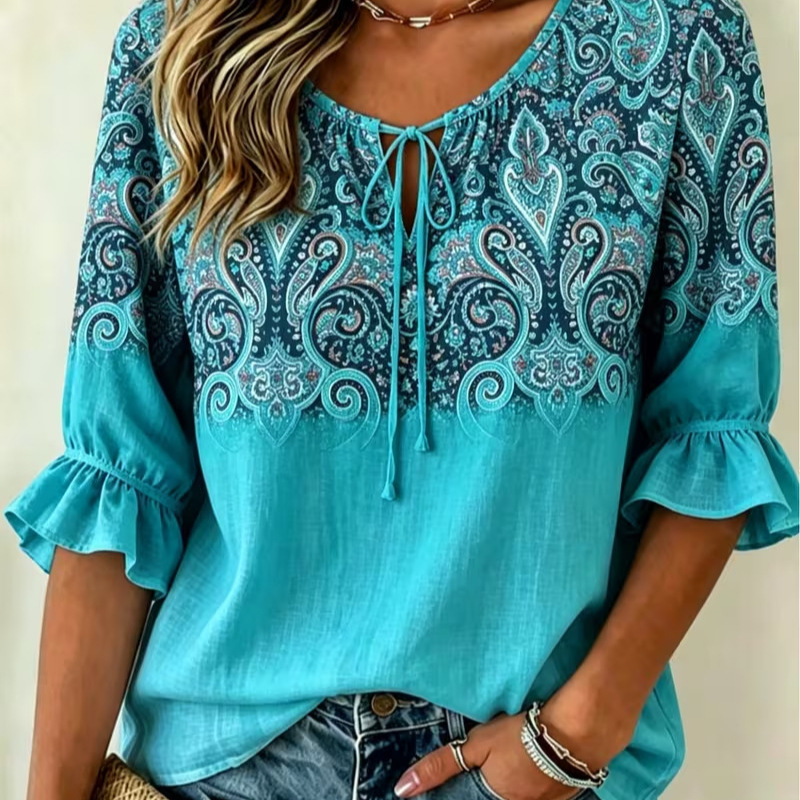 Women's Floral Print Short Sleeve Tie-Front Blouse