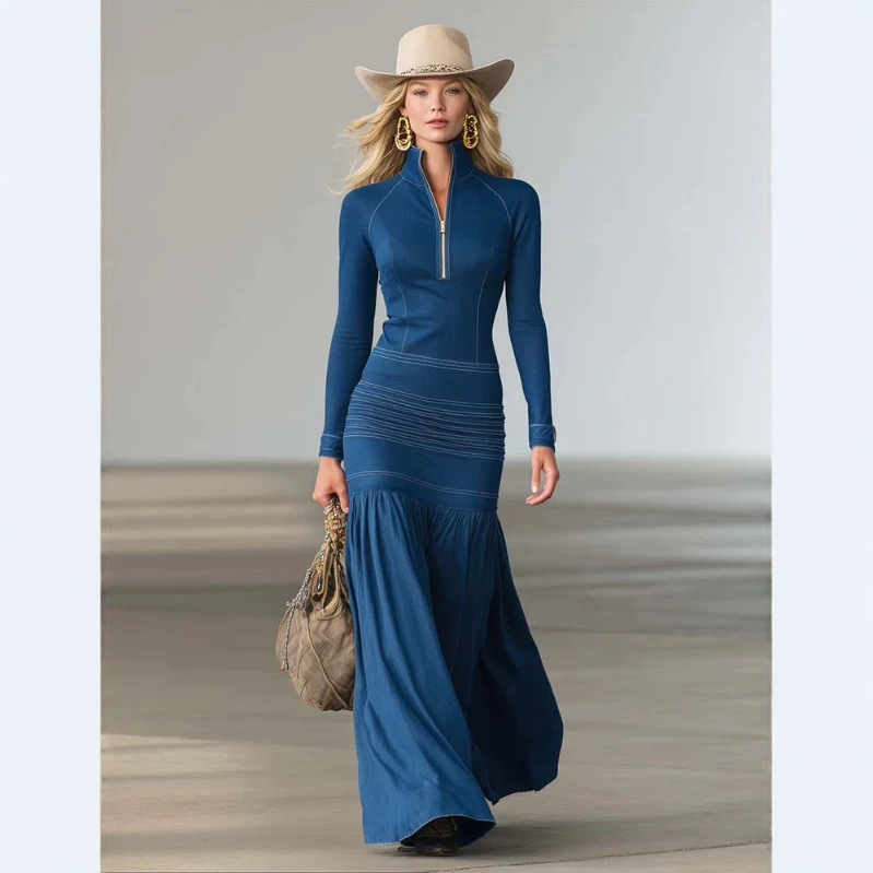 Women's Elegant Denim Front Zip Long Sleeve Maxi Dress