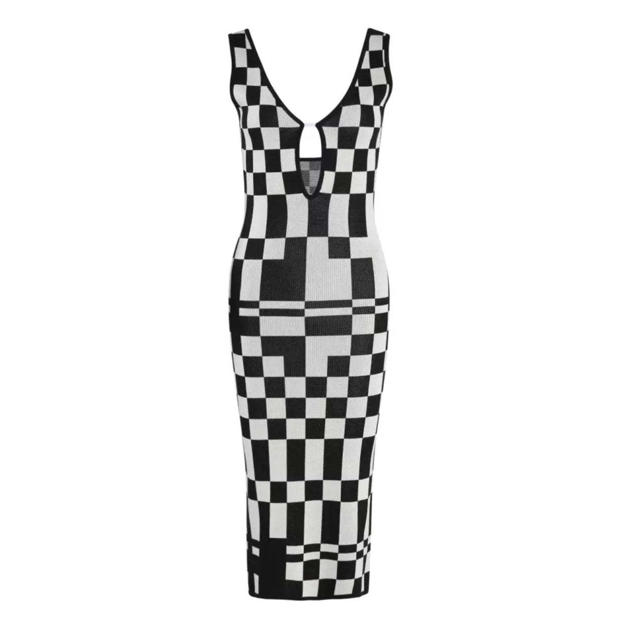 Women's Sexy Low-Cut V-Neck Sleeveless Cutout Plaid Knit Bodycon Midi Dress