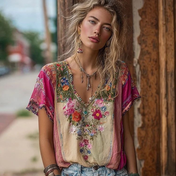 Women's Summer V-Neck Short Sleeve Top Retro Literary Style
