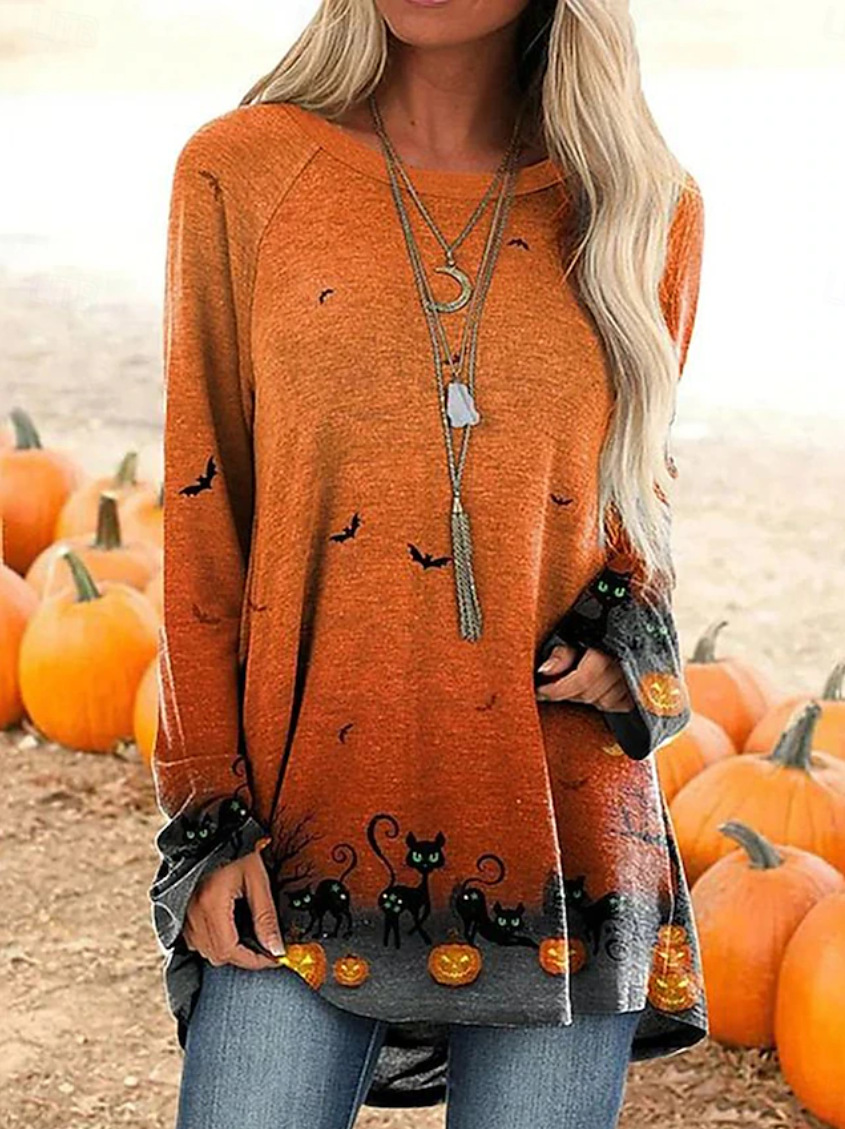 Halloween Cat Pumpkin Print Crewneck Long-Sleeve Top