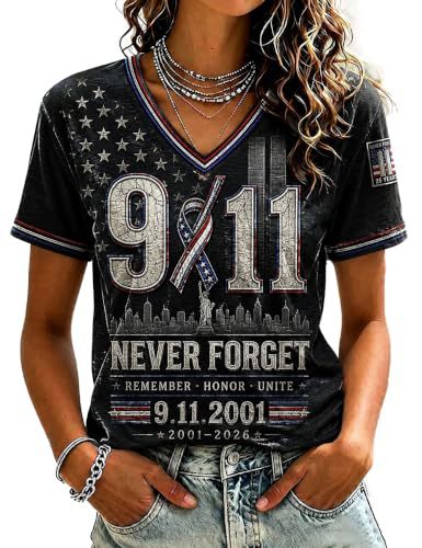 American Flag Twin Towers Print V-Neck Short Sleeve Women's T-Shirt