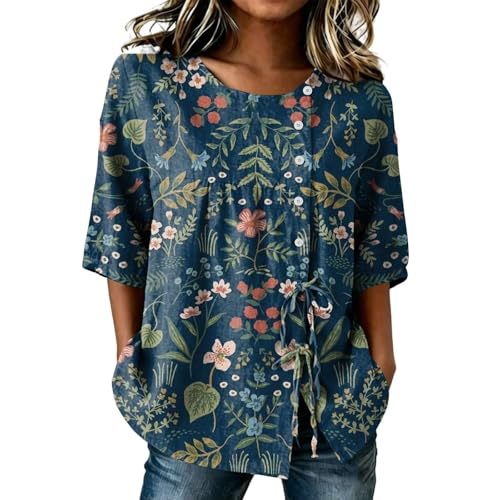 Women's Floral Print Drawstring Half-Sleeve Blouse