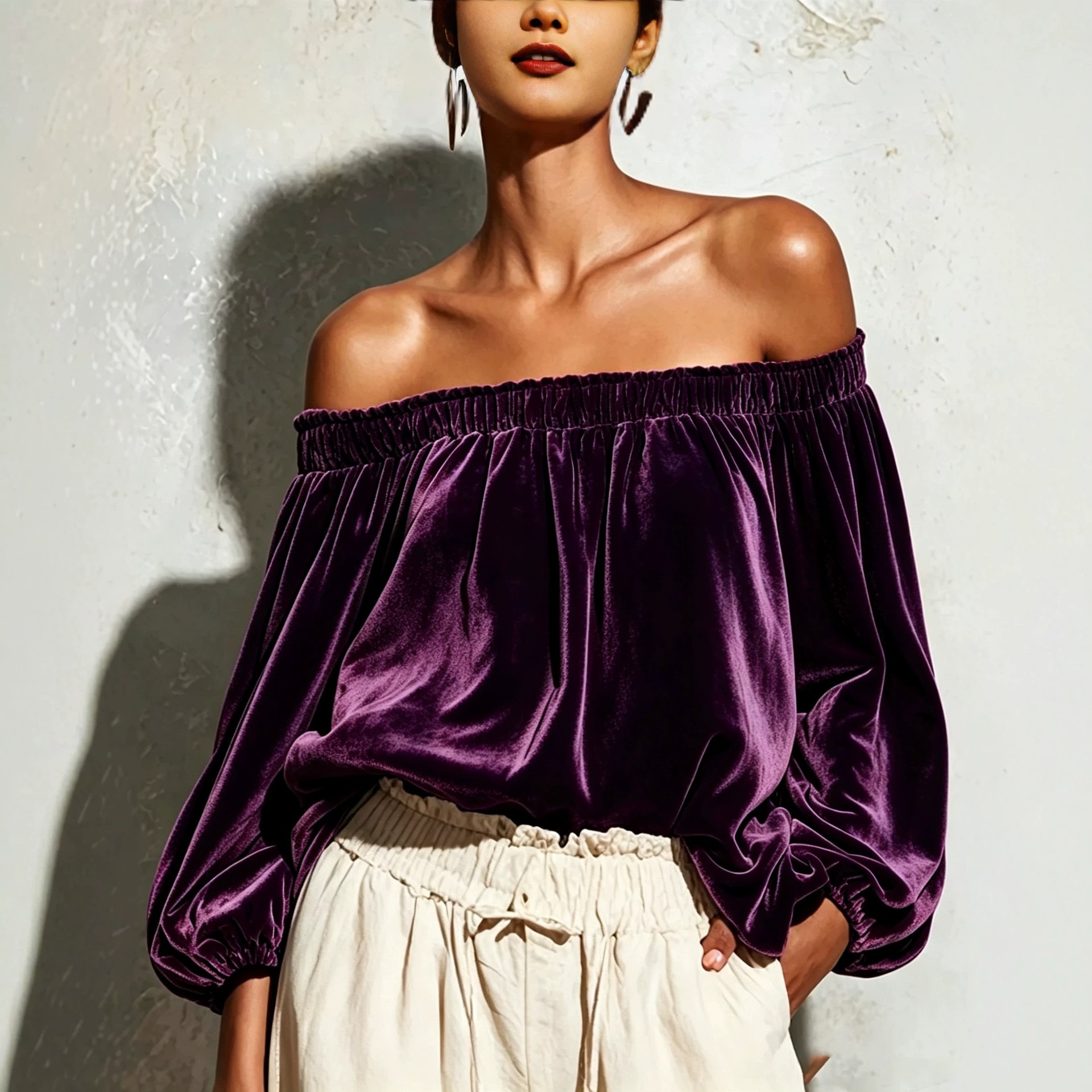 Velvet Off-Shoulder Top with Lantern Sleeves