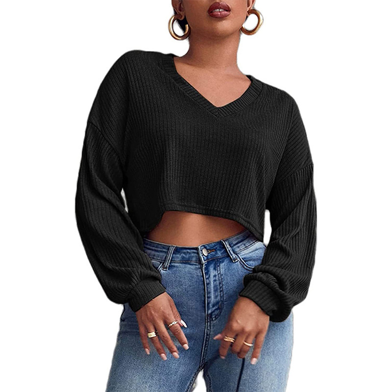 Women's Solid V-Neck Crop Long-Sleeve Knit Top