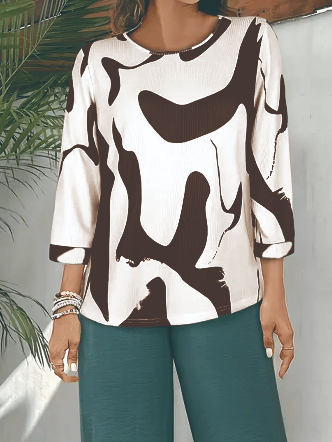 Abstract Print Round Neck Loose Fit Casual Top