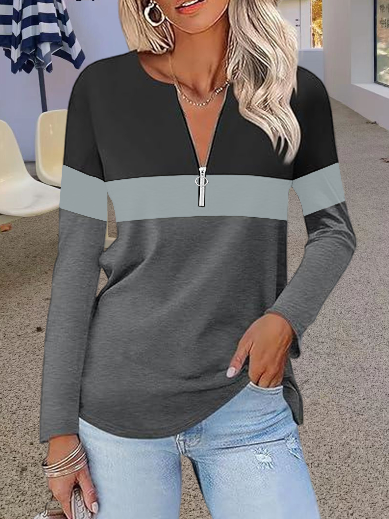 Women's Color-Block Striped Loose Long-Sleeve Top