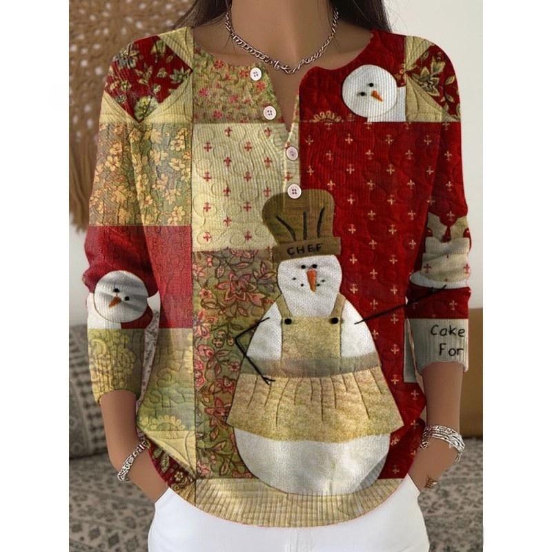 Women's Retro 3D Digital Print Four-Button Stand Collar T-Shirt