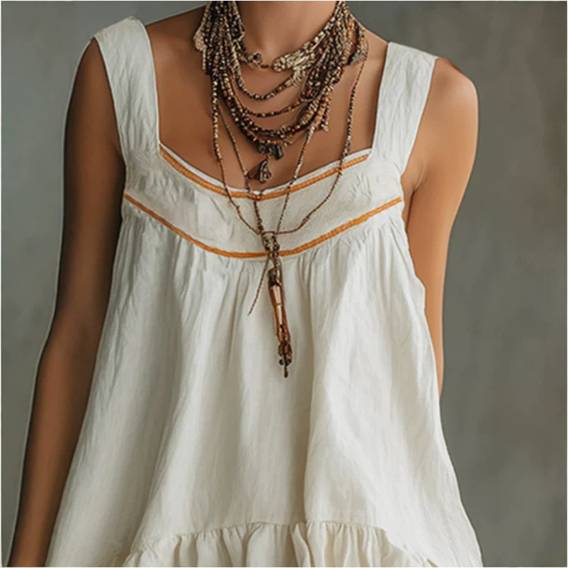 Vintage Embroidered Off-White Cotton-Linen Mini Dress