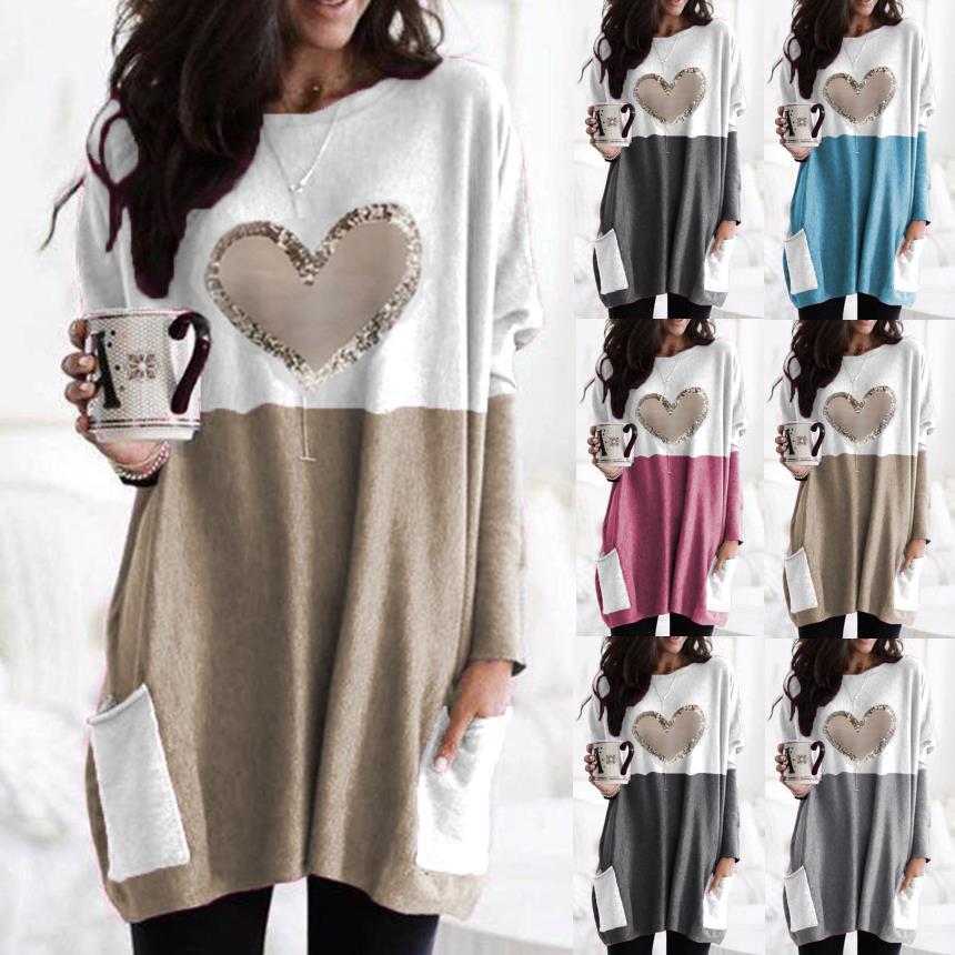 Heart Print Colorblock Long Sleeve Crewneck Loose T-Shirt for Women