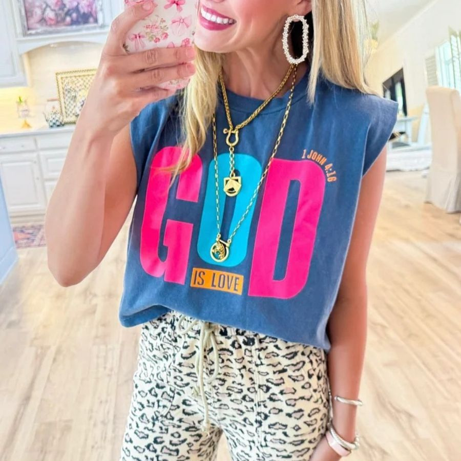 Summer Print Crewneck Sleeveless Letter Casual T-Shirt Top for Women