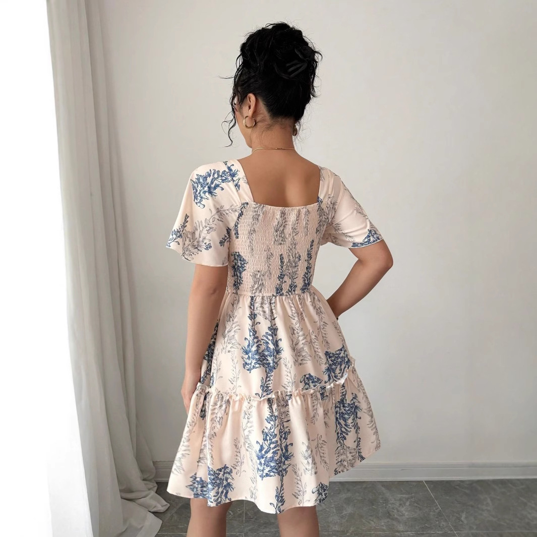 Women's Short Sleeve Boho Floral Off-Shoulder Adjustable Dress