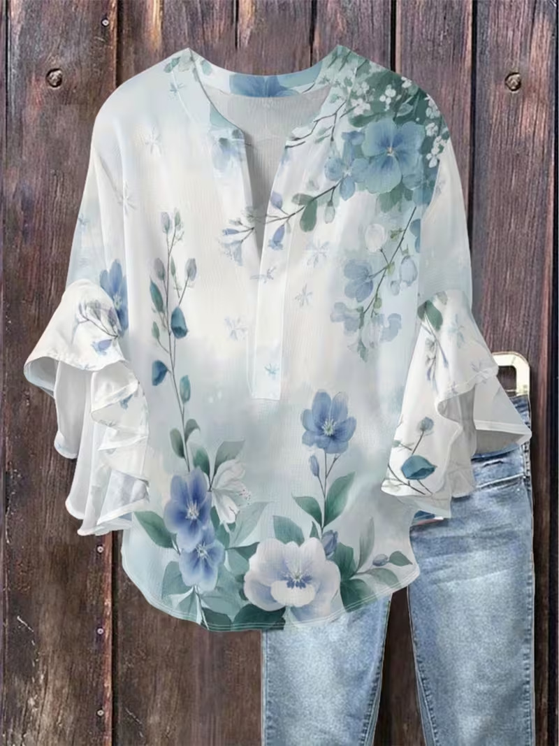 Women's Summer Vintage Floral Print Half-Sleeve Button-Up Top