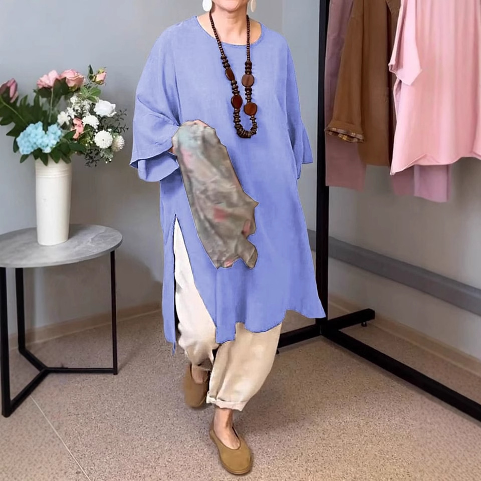 Women's Solid Crewneck 3/4 Sleeve Linen Blend Slit Tunic Top