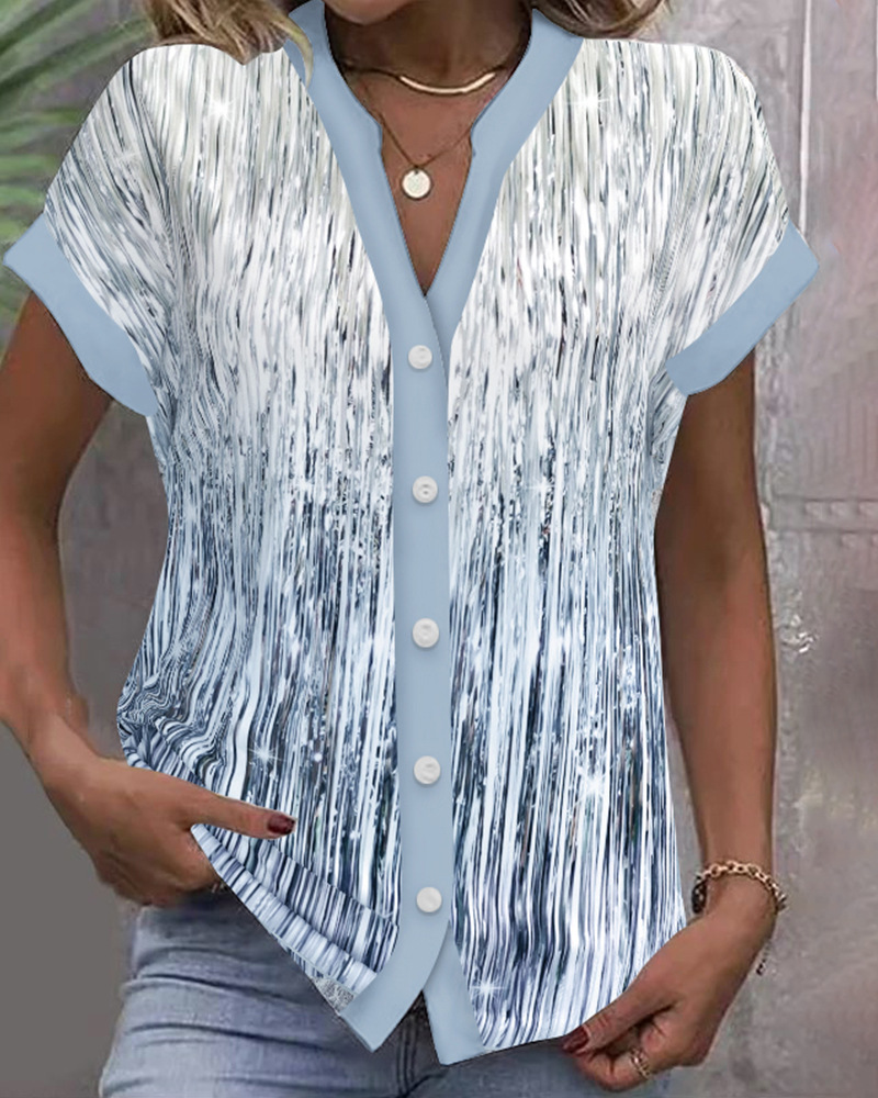 Women's Casual Textured Stand Collar Button Short Sleeve Printed Shirt