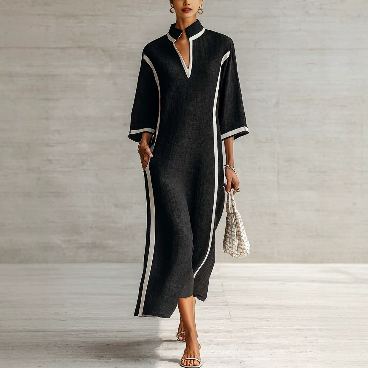 Coffee Button-Front Shirt Dress with Oversized Collar and Lantern Sleeves