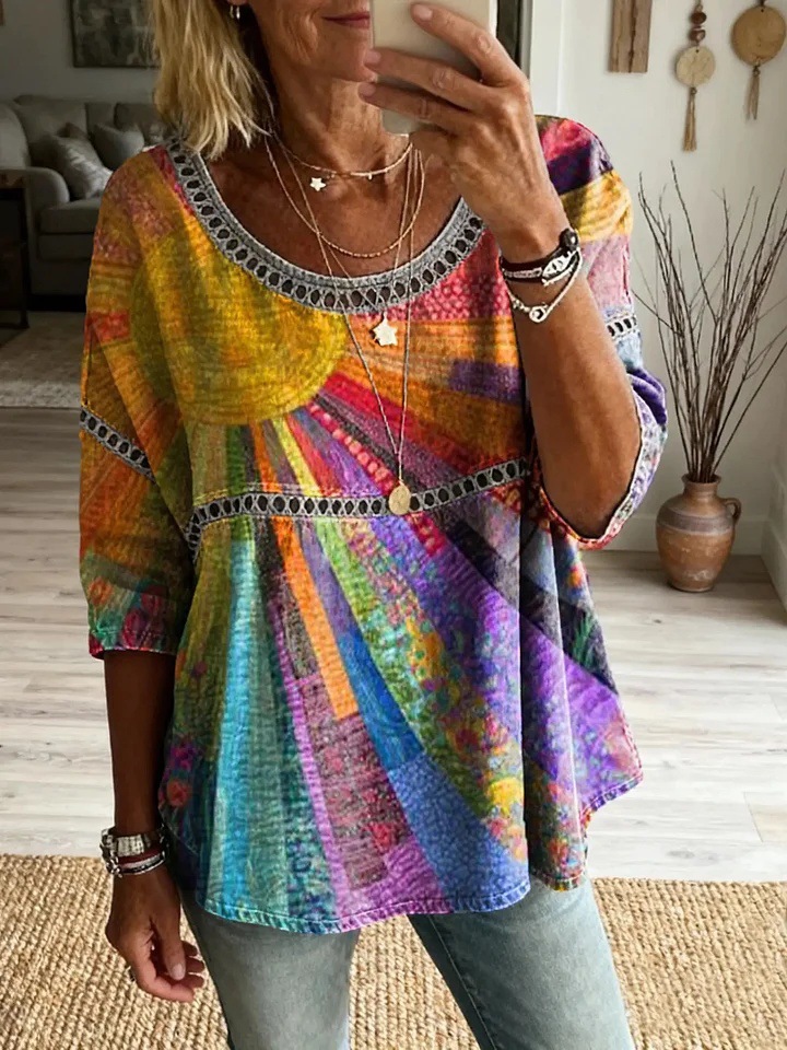 Women's Abstract Line Print Crewneck Half-Sleeve Top