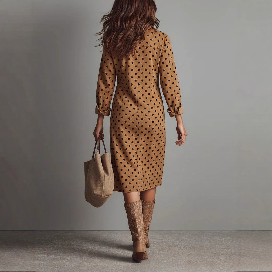Women's French-Style V-Neck Pleated Waist Polka Dot Midi Dress