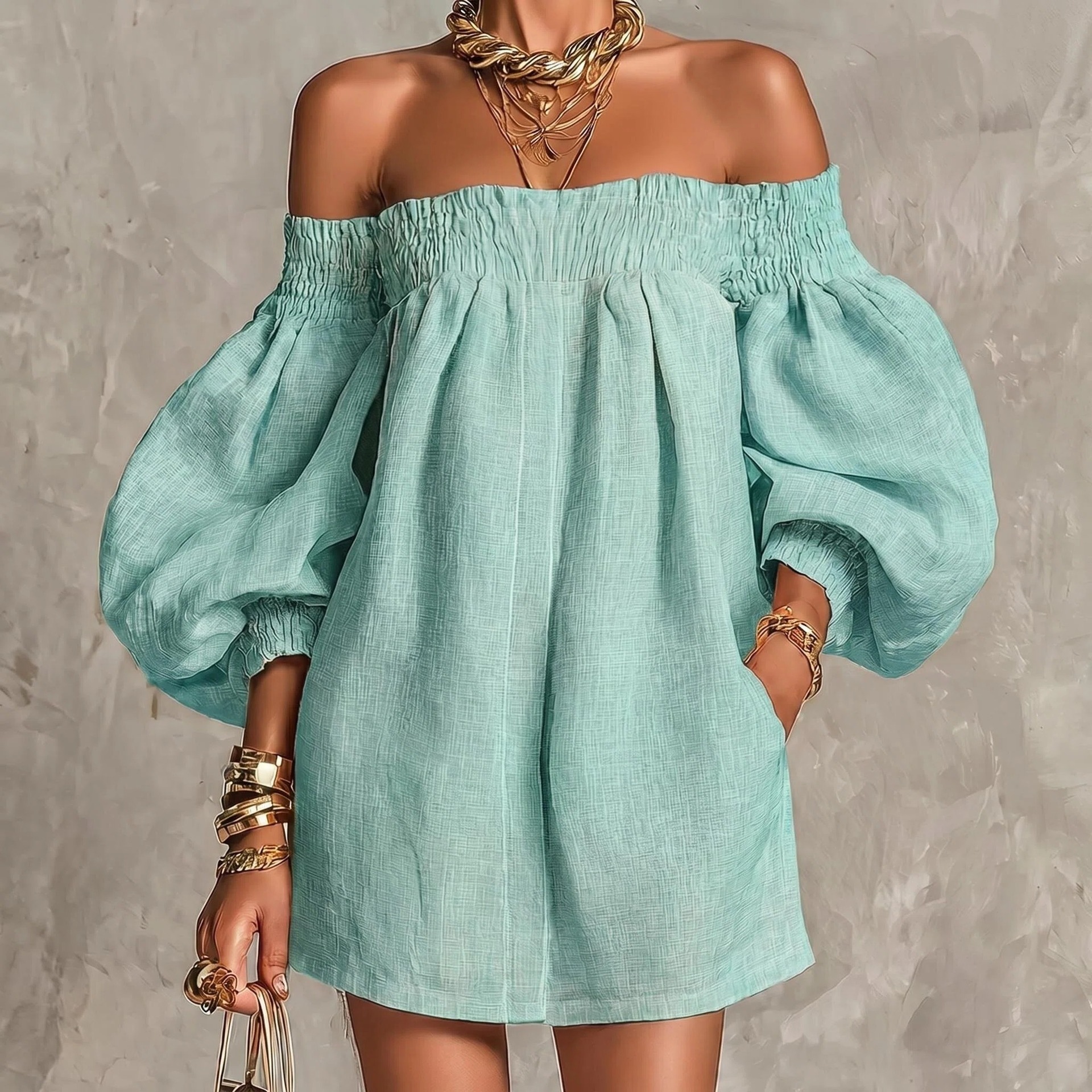 Off-Shoulder Lantern Sleeve A-Line Short Dress