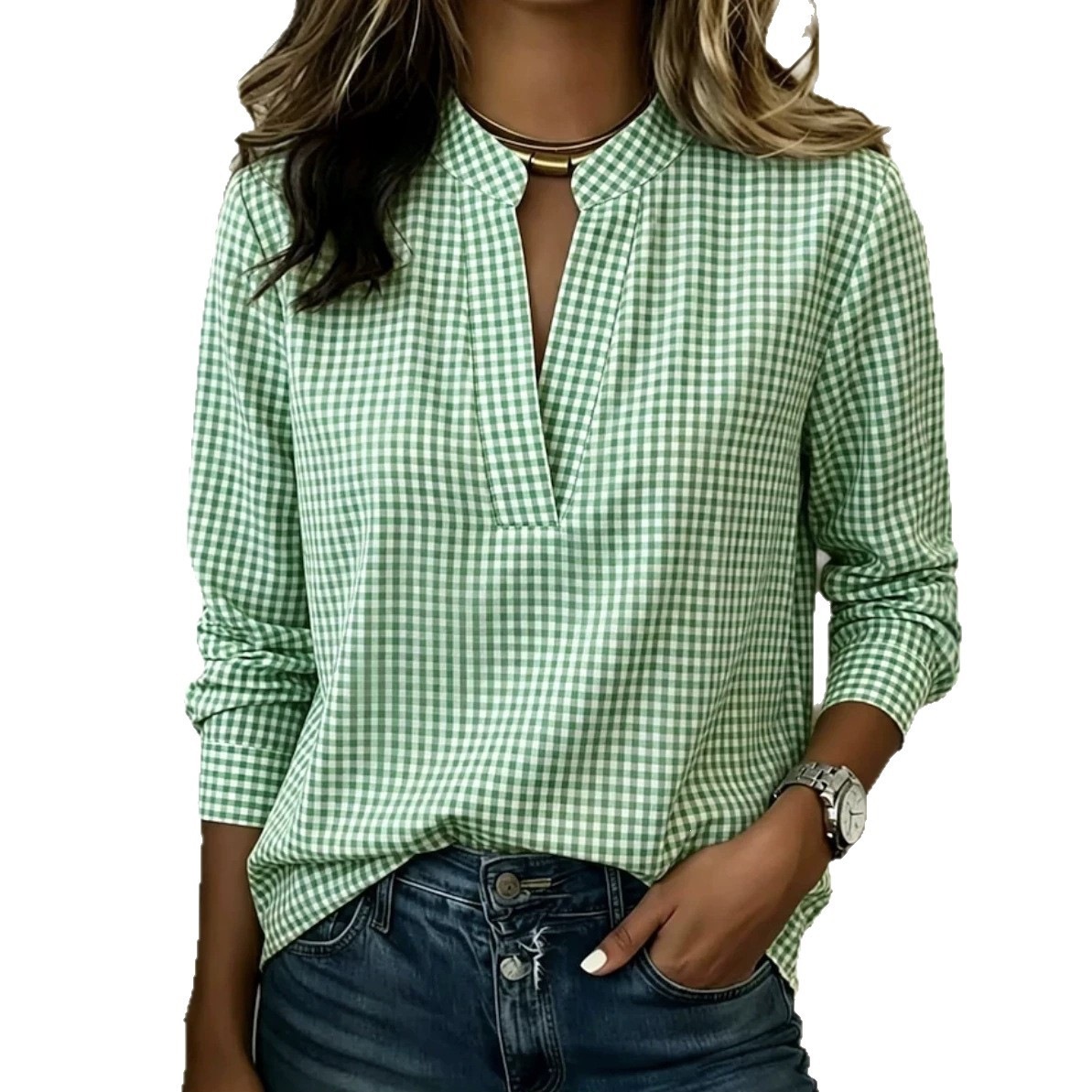 Plaid V-Neck Long Sleeve Loose Fit Blouse