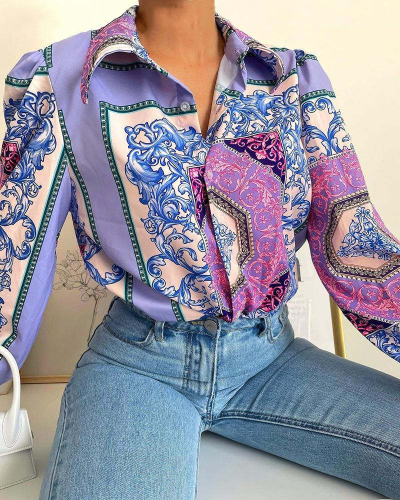 Blue Paisley Print Shirt Long Sleeve Summer Top