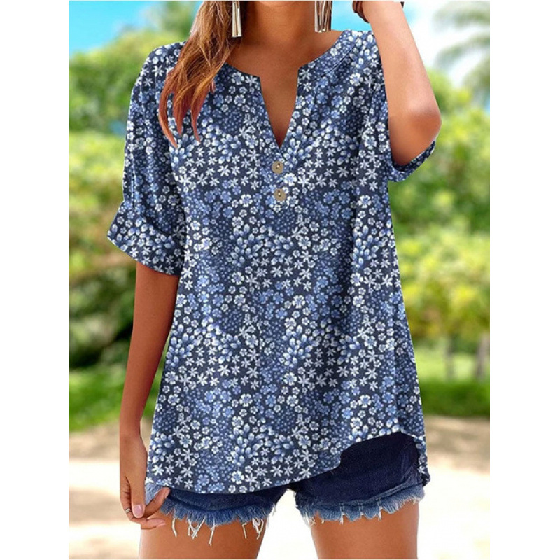 3D Floral Print V-Neck Short Sleeve Women's Summer Top