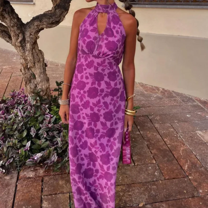 Women's Botanical Print Long Dress – Elegant Loose A-Line High-Waist Long-Sleeve