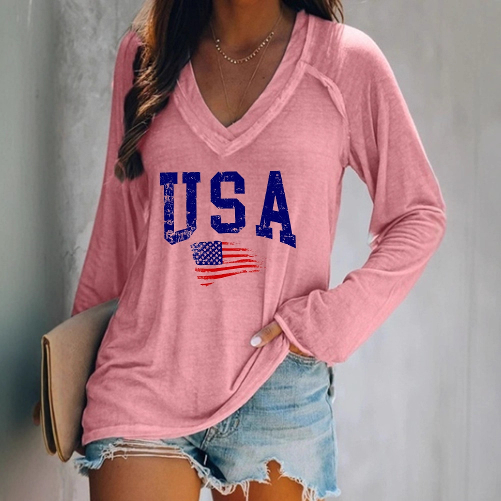 Women's American Flag 3D Print V-Neck Long Sleeve T-Shirt