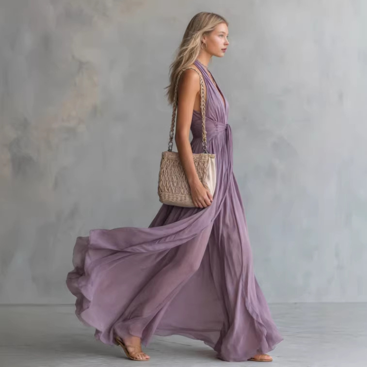 Elegant V-Neck Sleeveless Chiffon Maxi Dress with Open Back