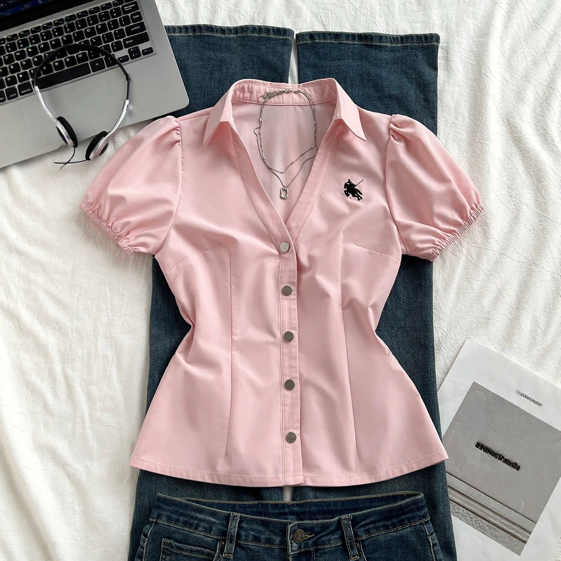 Women's V-Neck Slim Fit Short Sleeve Blouse