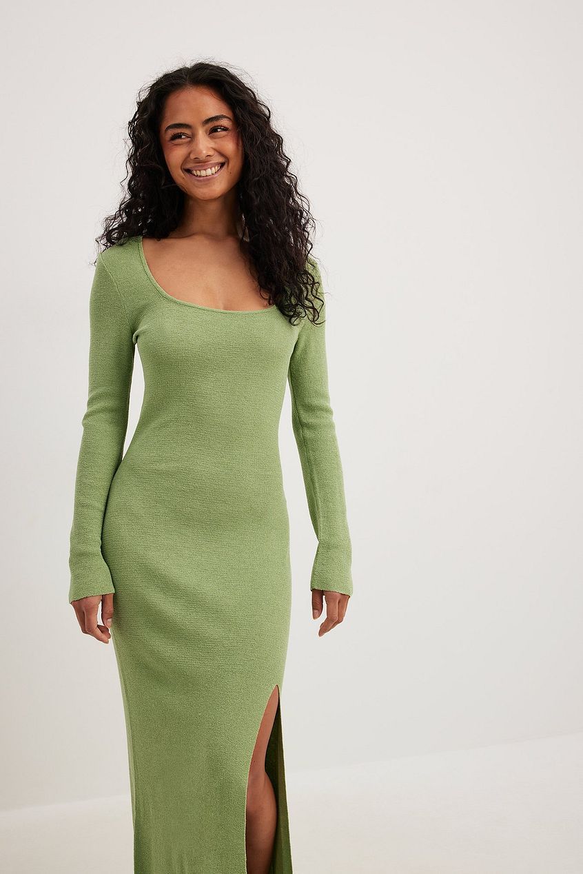Square Neck Long Sleeve Knit Bodycon Dress with Slit