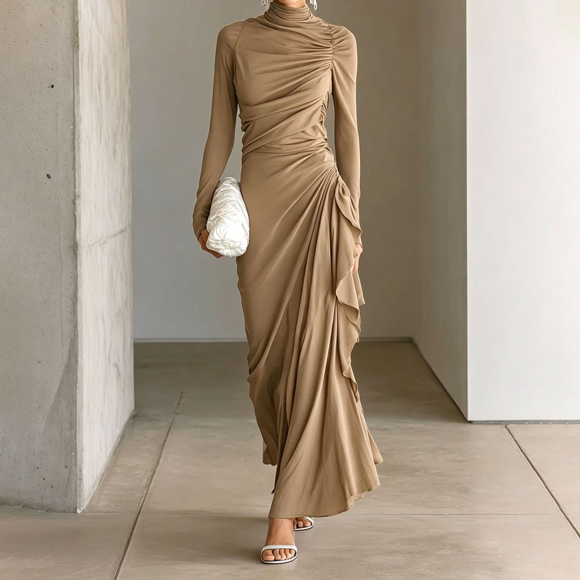 High-Neck Ruched Bodycon Long-Sleeve Dress